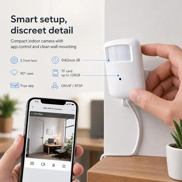 Caméra WiFi mini Tuya pour surveillance intérieure haute définition avec détection de mouvement et audio bidirectionnel pour une maison plus sécurisée et connectée