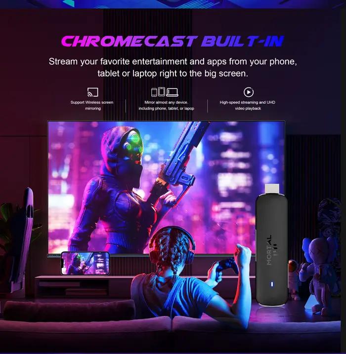 Clé de streaming Mortal Wi-Fi 6 Q8 Ultra 4K HDR Android 14 Allwinner H313 avec télécommande vocale Netflix YouTube TV en direct gratuite