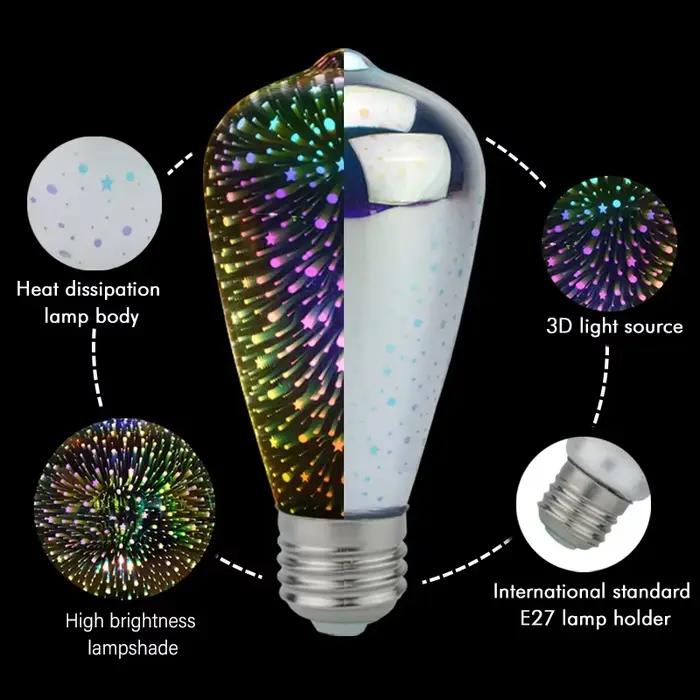 Ampoule LED Star Fire Works 3D E27 Vintage Edison, lumière de nuit AC110V 220V A60 ST64 G80 G95 G125