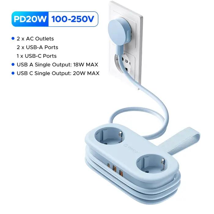 ORICO AP3 prise ue 20W PD multiprise 2 prises AC 2USB 1 type-c 1.53M rallonge électrique charge rapide pour la maison/tablette