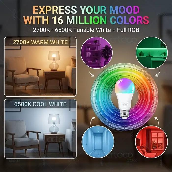 Ampoule LED intelligente WiFi E27 15W RGB 2700K-6500K compatible avec Alexa et Google Home pour éclairer salon et chambres à coucher