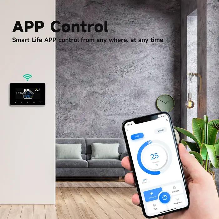 Thermostat Intelligent Wi-Fi Contrôle App Commande Vocale Prévisions Météo Mode Manuel Auto Affichage Température Celsius Fahrenheit Programmable Hebdos Modes Horaire Économies Énergie Occasions Spéciales