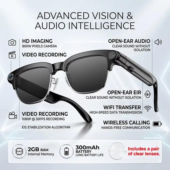 Lunettes Intelligentes IA avec Caméra HD 800W, Enregistrement Vidéo, Assistant Vocal IA, Traduction