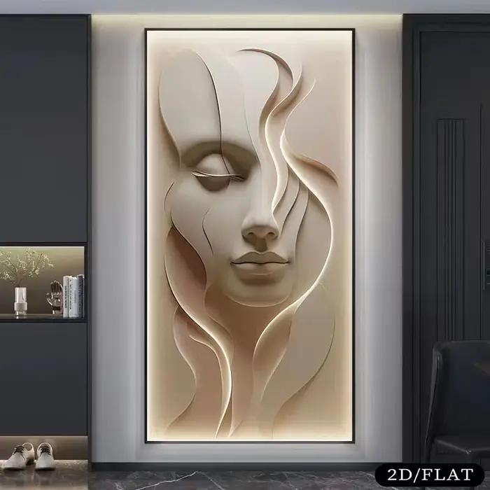 2D plat, 1 pièce grande peinture sur toile de visage abstrait moderne sans cadre-illusion 3D texturée ton rose doux