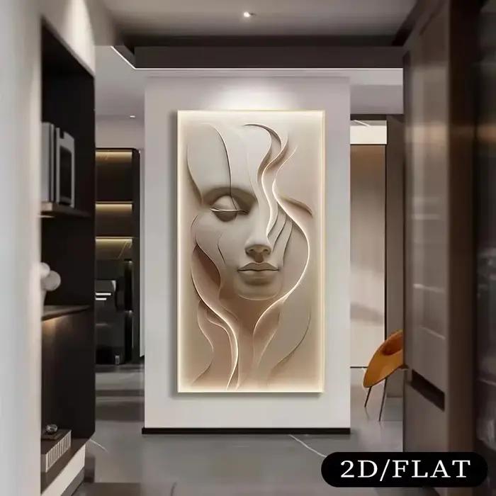 2D plat, 1 pièce grande peinture sur toile de visage abstrait moderne sans cadre-illusion 3D texturée ton rose doux