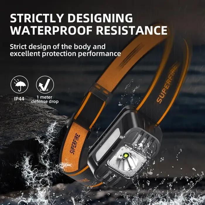 SUPERFIRE Mini LED USB C Rechargeable haute puissance Mini lampe frontale capteur de lumière phare a