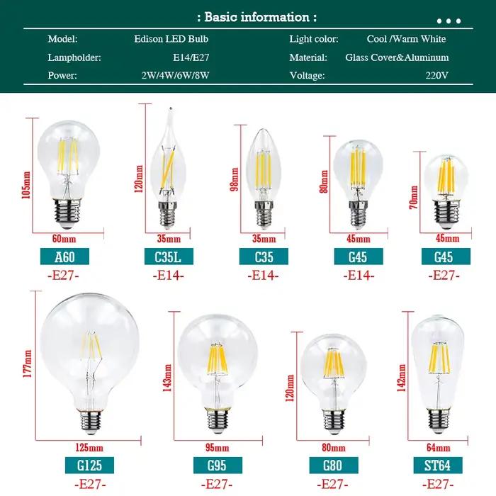 Ampoule à Filament LED E27 rétro Edison lampe 220V 2W 4W 6W 8W E14 Vintage bougie Globe lustre éclai