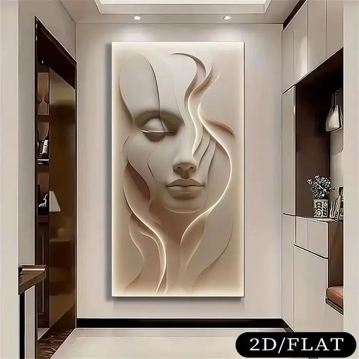 2D plat, 1 pièce grande peinture sur toile de visage abstrait moderne sans cadre-illusion 3D texturée ton rose doux