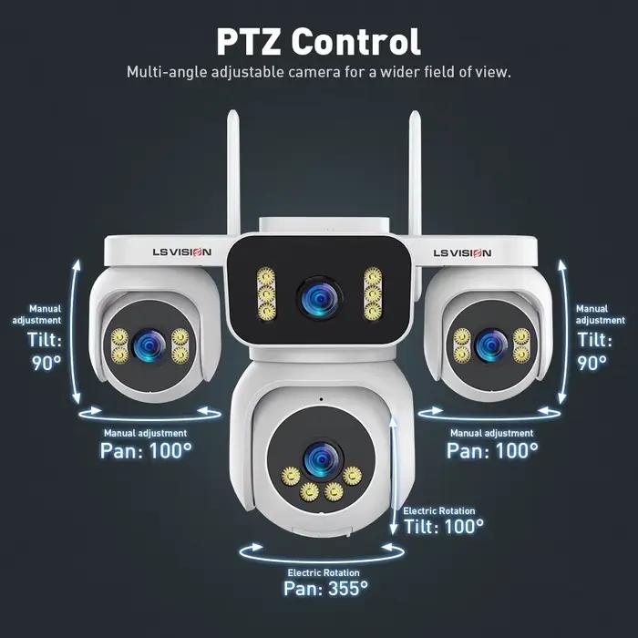 LS VISION Caméra de sécurité intelligente extérieure WiFi à 4 objectifs et 4 écrans avec panoramique/inclinaison 20MP