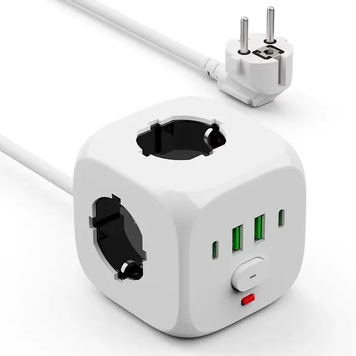 Extension de prise murale multiprise avec ligne d'extension de 2 mètres, 3 prises AC, 2 Ports USB et