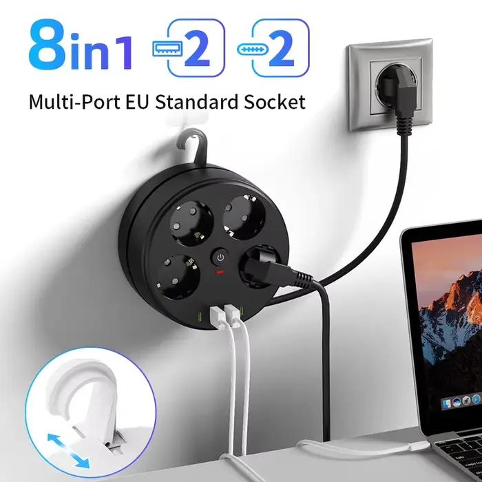 Multiprise murale EU 8-en-1 avec adaptateur secteur et câble de 2 mètres