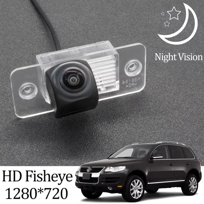 Caméra de recul Owtosin HD 1280x720 Fisheye pour VW Volkswagen Touareg 2002 2003 2004 2005 2006 2007 2008 2009 moniteur de voiture facile à installer et résistante aux intempéries