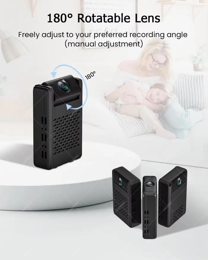 Mini Caméra de Sécurité Nanny Cam avec Objectif Rotatif 180° pour Surveillance à Distance Maison Bureau Voyage