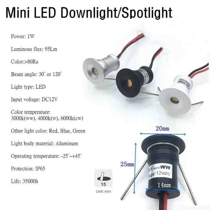 Petit Spot lumineux 1W Mini projecteur LED 12V Dimmable 15mm découpe encastré Downlight IP65 plafonn