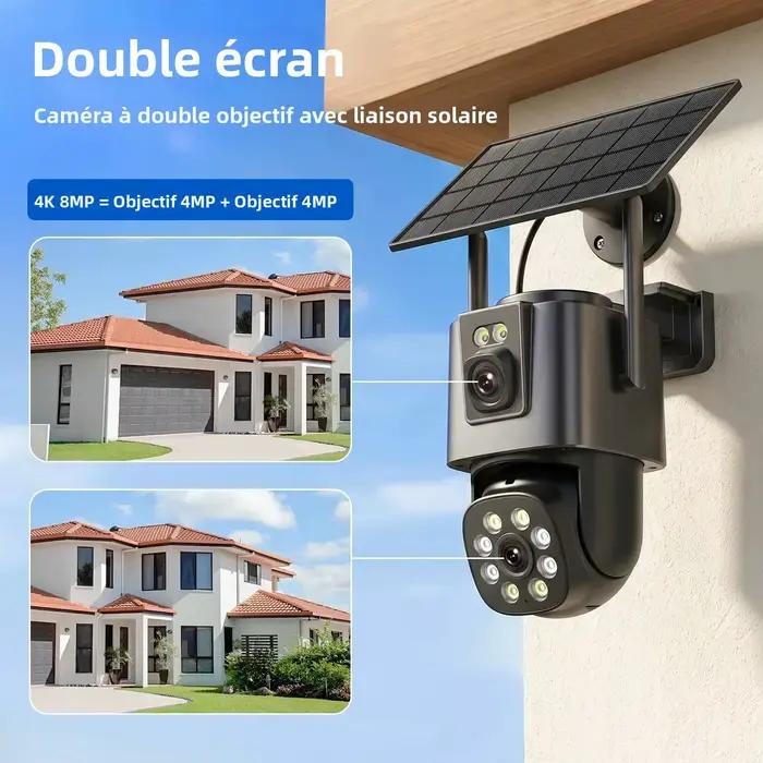 Caméra Solaire 8MP 4K iCsee sans fil pour surveillance extérieure 24/7, application ICSee, technologie infrarouge, angle de vue 85°, connectivité 2,4G, installation facile, sécurité maison et entreprise