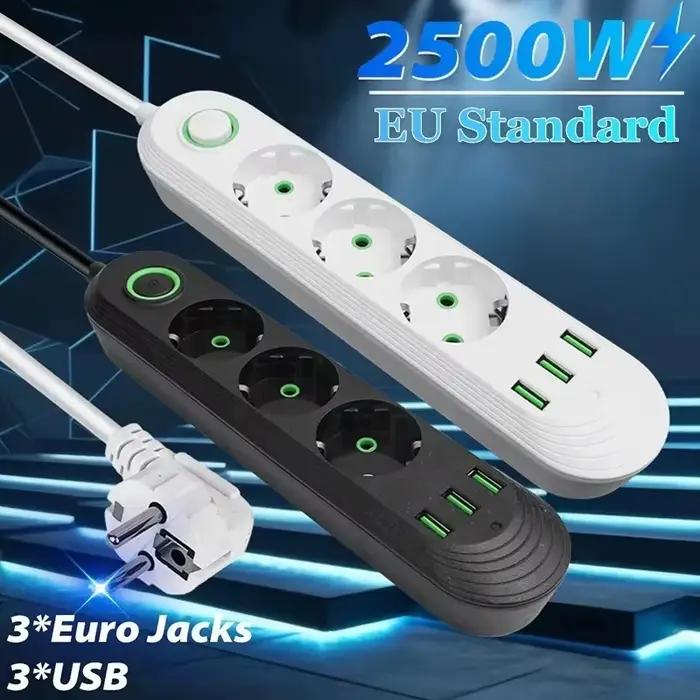 Multiprise 2500W avec Prise EU, Filtre Réseau, Ports USB pour Recharge, Protection Contre Surcharges, Prise avec Prise, Haute Tension, Câble 2M, Intégrale Protection Sécurité Élégante Occasions Spéciales