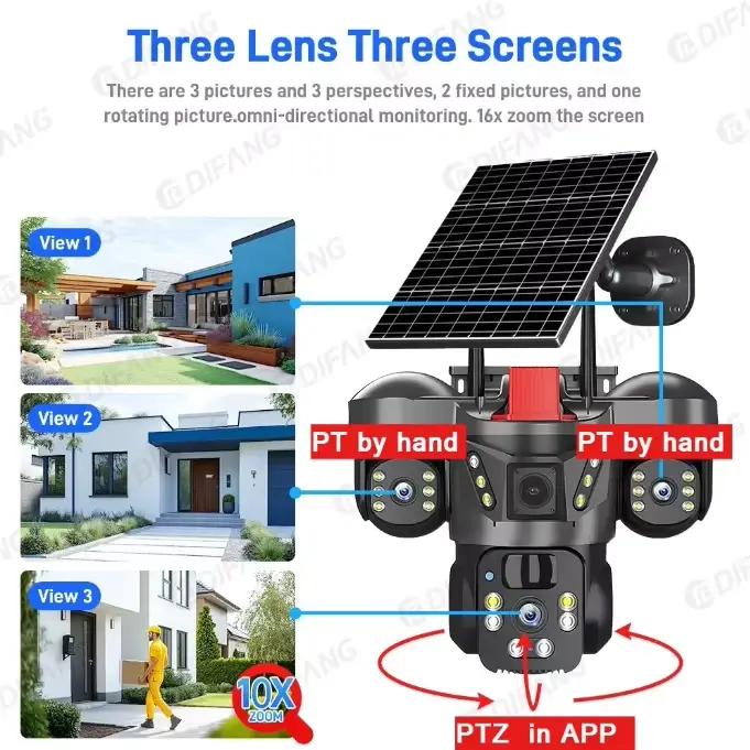 Caméra solaire WiFi sans fil pour extérieur triple objectif 8K étanche IP66 surveillance de sécurité pour maison jardin entreprise occasions spéciales