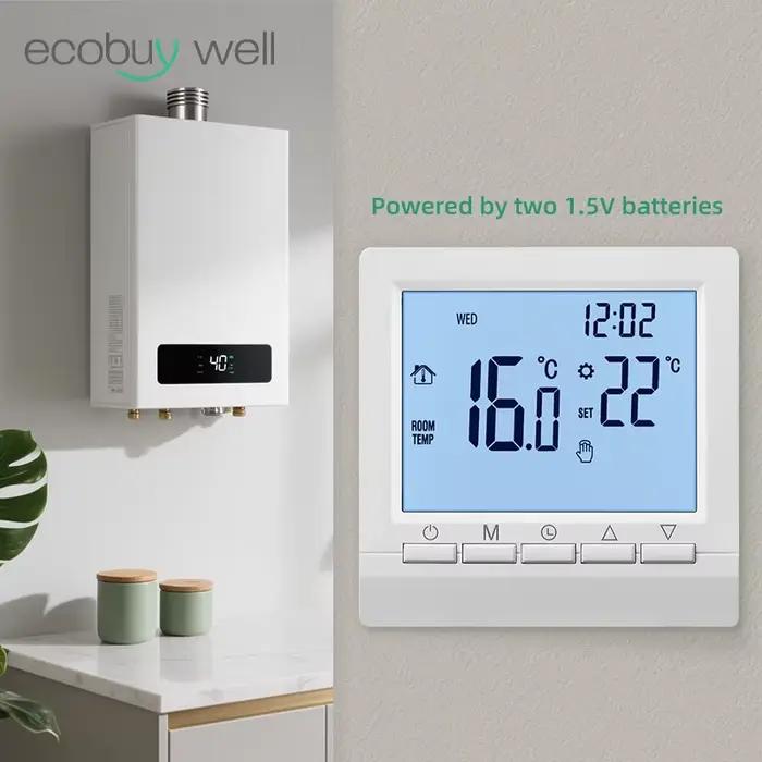 Thermostat de chambre programmable avec batterie pour contrôle de la température de chauffage à gaz, installation murale, fonction antigel, sécurité enfant, programmation hebdomadaire, sans Wi-Fi, pour usage domestique