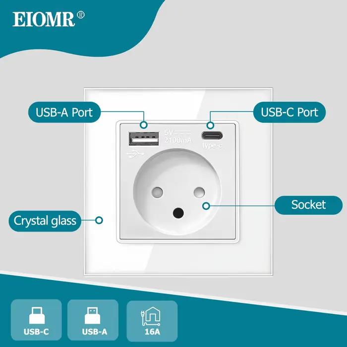 EIOMR 16A prise de courant murale israélienne, Port de chargement USB A C, panneau en verre cristal blanc simple Double Triple prise israélienne type-c