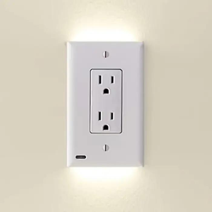 Plaque murale multiprise duplex avec capteur automatique LED haut/bas pour éclairage nocturne