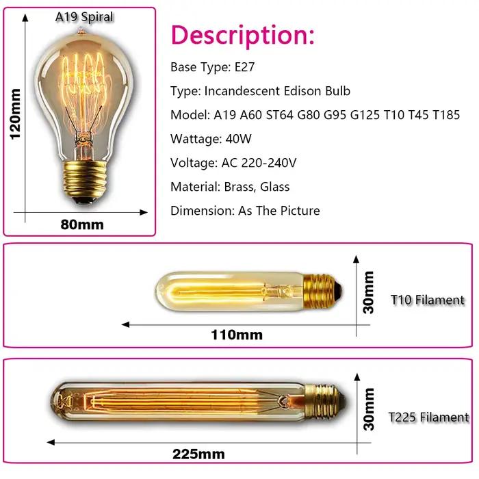 Ampoule Edison rétro E27 40W 220V 110V pour décoration de maison salon chambre à coucher loft industriel vintage occaions spéciales