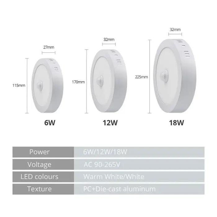 PIR détecteur de mouvement LED plafonniers 6W 12W 18W coque en aluminium Downlight lampe 110V-220V p