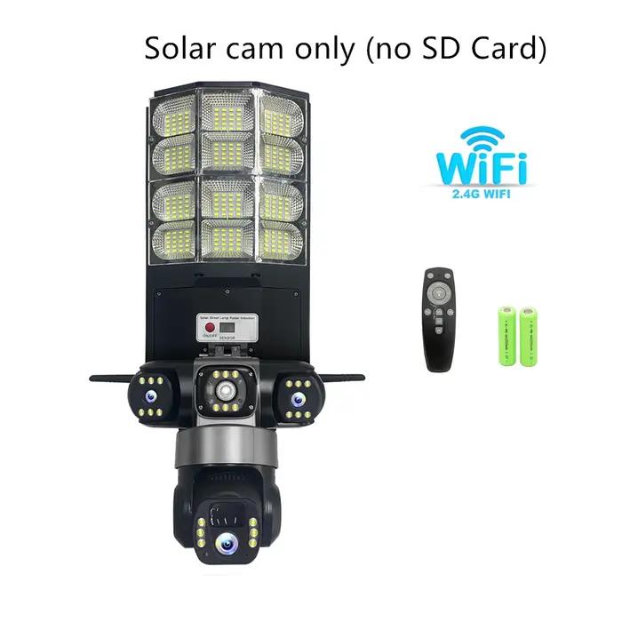 Caméra solaire V380 avec lampe de rue, 15MP IP Camera, technologie panoramique, inclinaison et zoom, éclairage puissant, détection de mouvement, télécommande, batterie 16000mAh, compatible avec iOS, Android et Windows Mobile