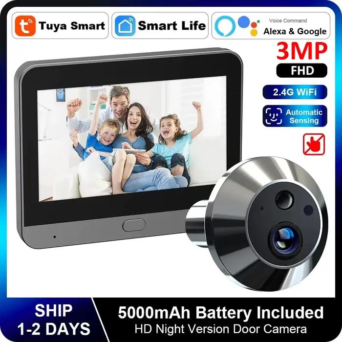 Mini Vie Intelligente Tuya 3MP 140 ° Grand Angle de vue 2.4Ghz WiFi porte magique judas oeil PIR caméra numérique