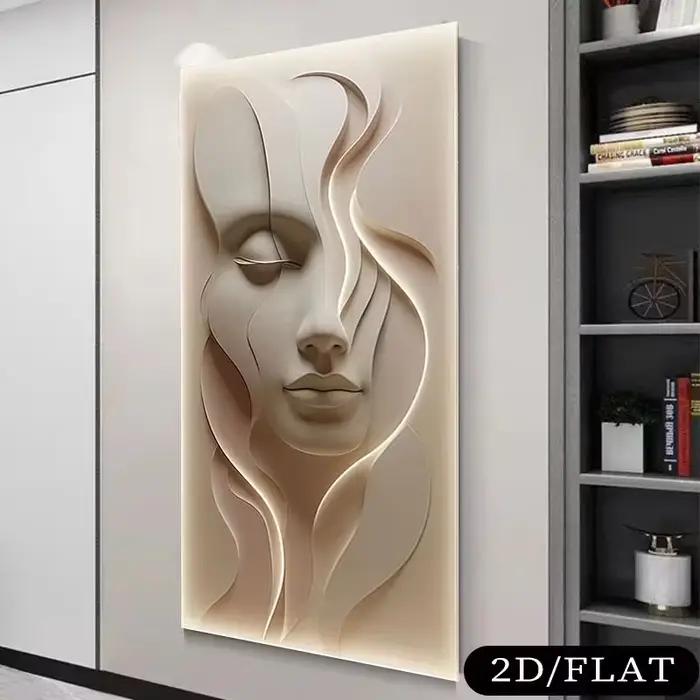 2D plat, 1 pièce grande peinture sur toile de visage abstrait moderne sans cadre-illusion 3D texturée ton rose doux