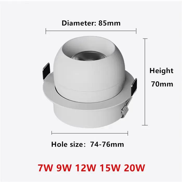 Downlights LED rotatifs intégrés 7W9W12W15W20W Anti-éblouissement COB spots plafonnier AC90-260V pou