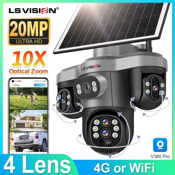 LS VISION caméra solaire Wifi extérieure avec Zoom optique 10X trois écrans 4G SIM Cctv sécurité à domicile