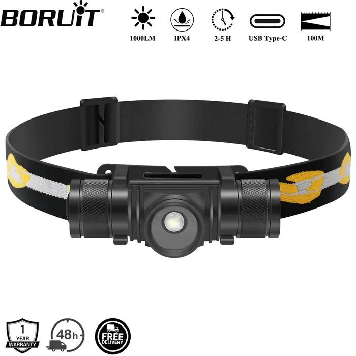 BORUiT D20 Zoom LED phare 1000LM puissant type-c rechargeable phare étanche tête torche Camping pêch