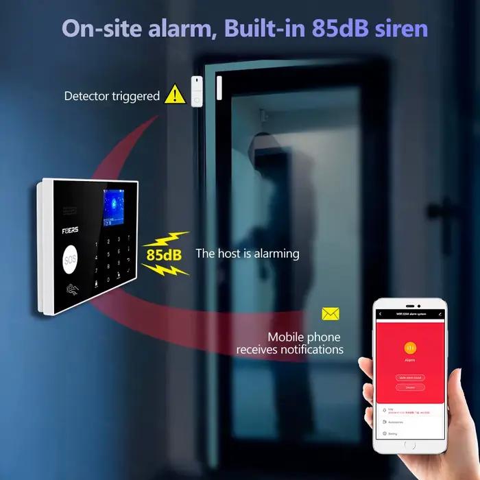 Système d'alarme FUERS avec sirène, détecteur de mouvement et capteur de fumée pour maison et bureau, compatible avec Amazon Alexa et Google Assistant pour sécurité familiale et professionnelle