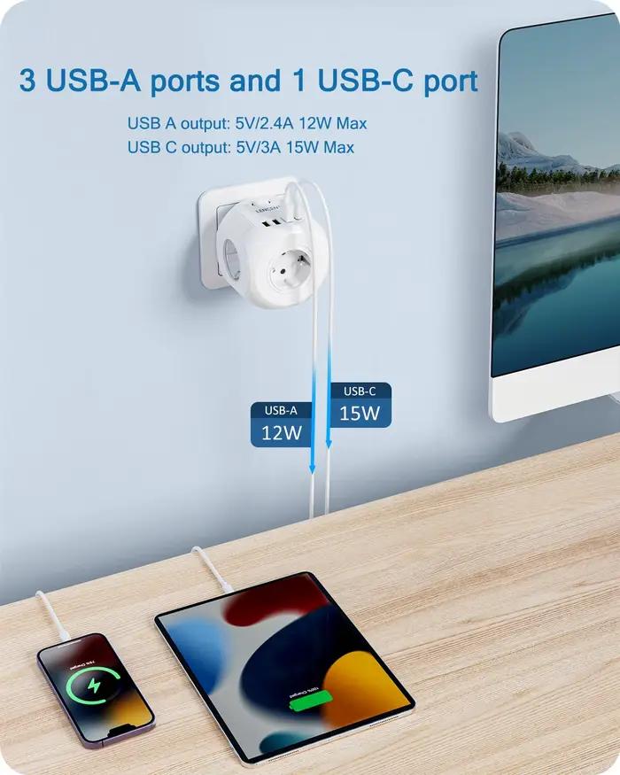 Multiprise LENCENT avec 4 Ports USB et Prise Secteur pour Charge Simultanée Appareils Électroniques Usage Général Occasions Spéciales