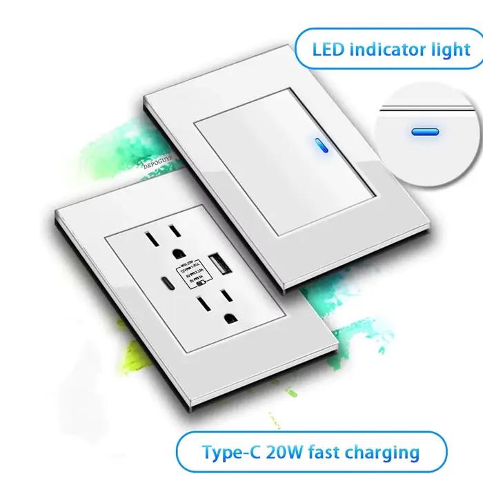 Prise murale américaine avec indicateur LED et chargeur rapide USB Type-C en verre trempé pour décoration et contrôle d'éclairage