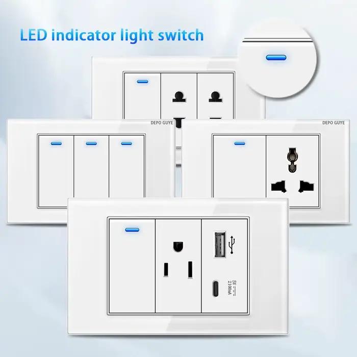 Prise murale américaine avec indicateur LED et chargeur rapide USB Type-C en verre trempé pour décoration et contrôle d'éclairage