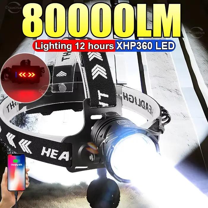 8000LM lampe frontale puissante USB Rechargeable phare lampe de poche grande ouverture XHP360 LED la