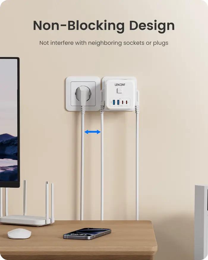 Extension de Prise Murale 7 en 1 LENCENT avec 3 Prises Secteur 2 Ports USB et 2 Ports USB-C pour Maison Bureau et Voyages Occasions Spéciales