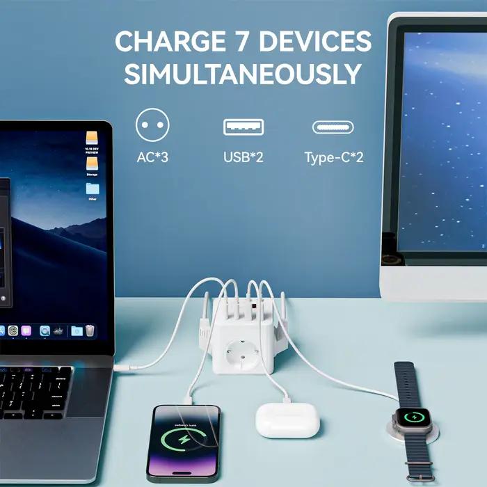 Multiprise UE 7 en 1 Protection Contre Les Surtensions Rallonge De 1 5m 3 Prises CA 3 USB 1 Type C Charge De Bureau Chronometree Occasions Speciales Bureau Salon Chambre Ordinateur