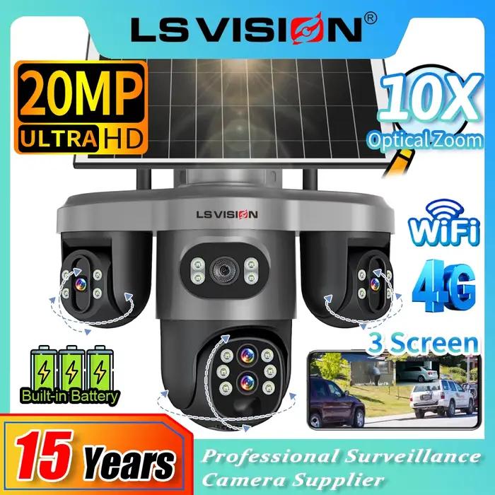 LS VISION 20MP 4 objectifs trois écrans 4G caméra solaire extérieure WiFi 10X Zoom optique suivi automatique