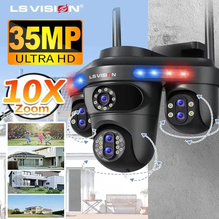 LS VISION 4 écrans WiFi caméra IP extérieure 35MP 10X Zoom moniteur vidéo de sécurité