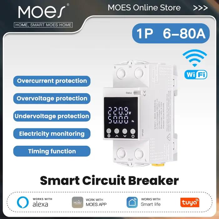 MOES 80A WiFi Tuya disjoncteur intelligent alarme seuil ensemble moniteur d'électricité V0 ignifuge APP contrôle avec Alexa