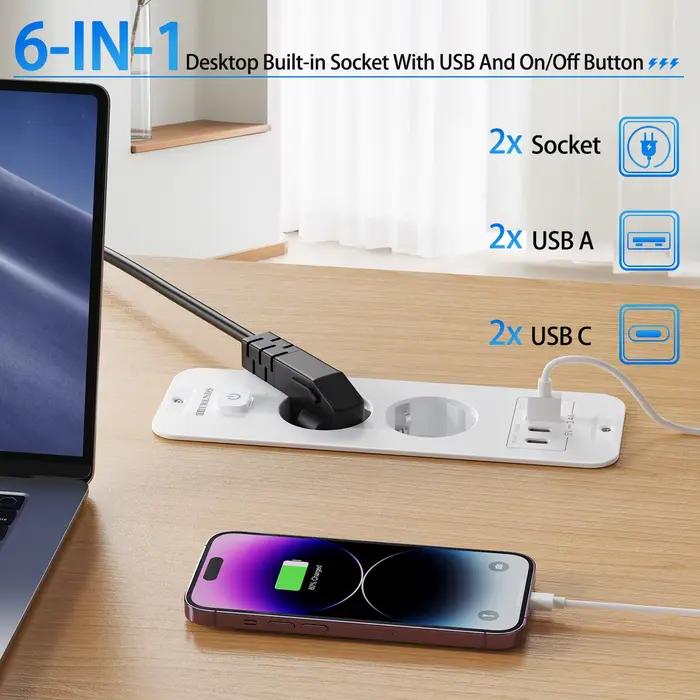 Prise encastrée de table avec 2 USB A et 2 Type C PD20W charge rapide prise intégrée avec câble d'extension de 2M pour bureau recharge rapide et design discret