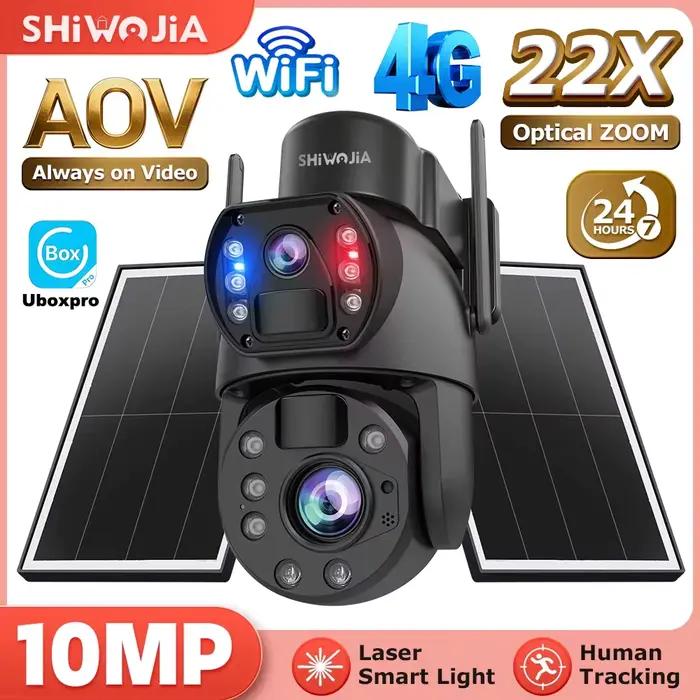 Caméra solaire SHIWOJIA 22X ZOOM 10MP AOV avec carte SIM 4G, enregistrement 24/7, caméra de surveill