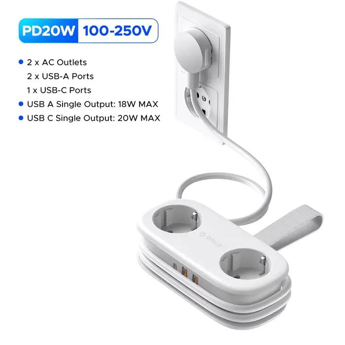 ORICO AP3 prise ue 20W PD multiprise 2 prises AC 2USB 1 type-c 1.53M rallonge électrique charge rapi