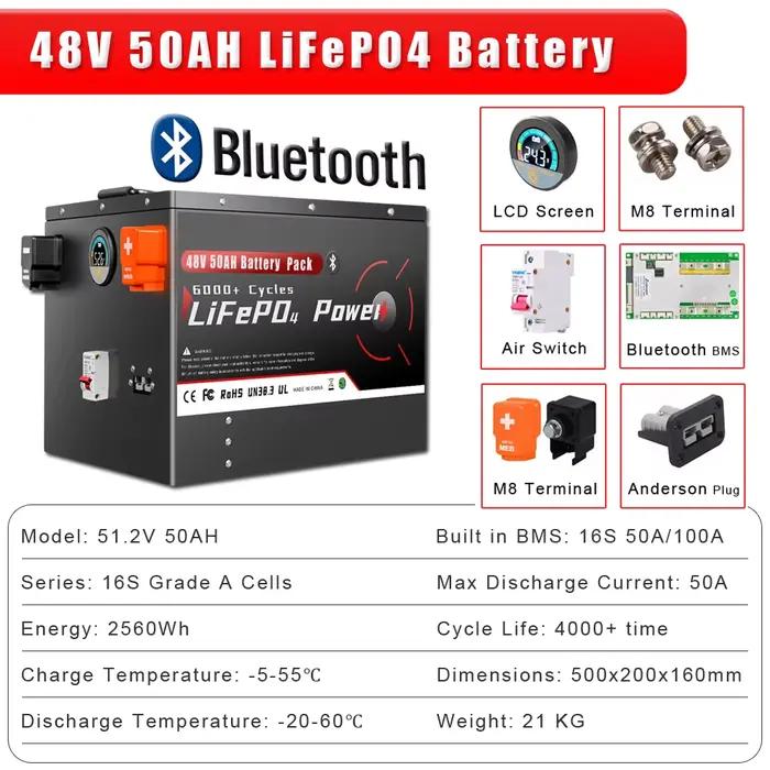 Batterie LiFePO4 24V 48V 100Ah 200Ah, avec BMS Bluetooth, plus de 6500 Cycles, pour maison, Soalr RV