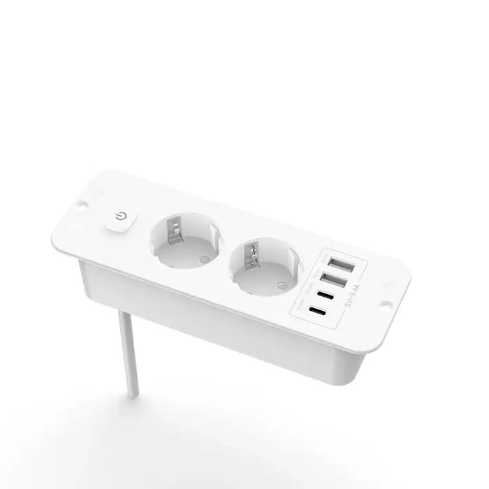 Prise encastrée de table avec 2 USB A et 2 Type C PD20W charge rapide prise intégrée avec câble d'extension de 2M pour bureau recharge rapide et design discret