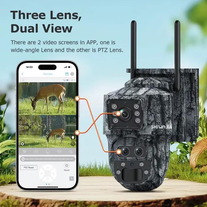 Caméras de sécurité extérieures SHIWOJIA 4K à trois objectifs avec zoom 15X