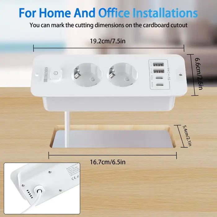Prise encastrée de table avec 2 USB A et 2 Type C PD20W charge rapide prise intégrée avec câble d'extension de 2M pour bureau recharge rapide et design discret
