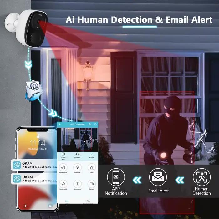 Caméra de sécurité WiFi sans fil extérieure 2K 5MP